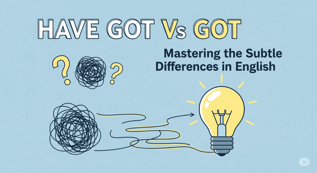 An illustration explaining the differences between "have got" and "got" in English, featuring a light bulb, question marks, and abstract designs.