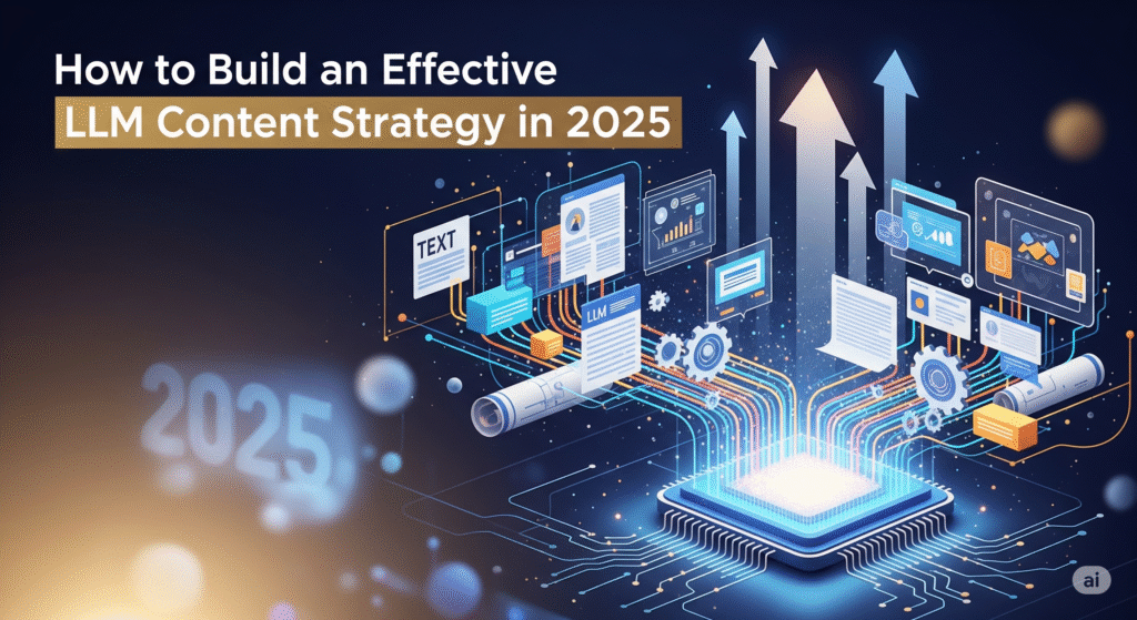 A visually engaging graphic illustrating a digital strategy for LLM content in 2025, featuring data flow, textual elements, and a central processing unit.