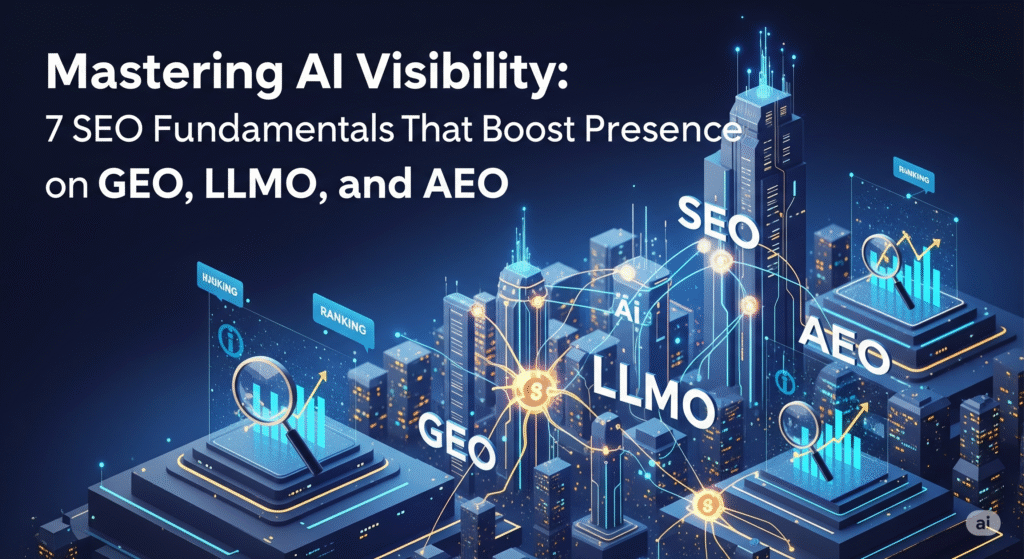 An infographic showcasing key SEO strategies for enhancing online presence on GEO, LLMO, and AEO platforms, featuring architectural elements and data visualizations.