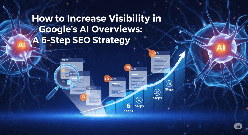 Visual representation of a 6-step SEO strategy to enhance visibility in Google's AI overviews, featuring elements like SERPs and AI visuals.