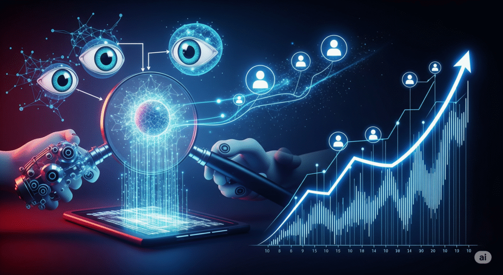 Visualizing Data through AI::A digital illustration featuring robotic hands analyzing data on a tablet, interconnected with abstract eye graphics and a rising statistical graph, symbolizing the convergence of technology and data analysis.