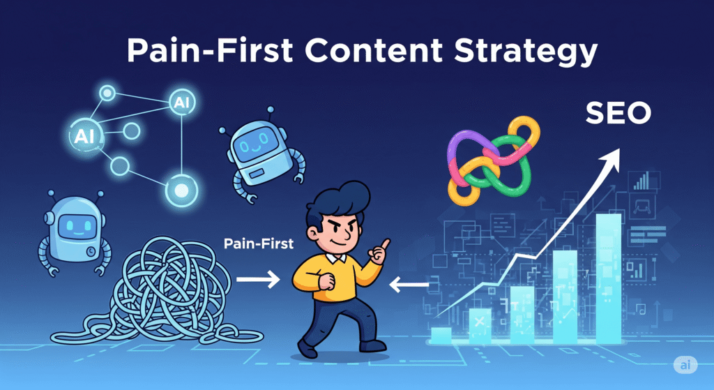 An illustration depicting a "Pain-First" content strategy with AI elements, a character promoting the concept, and a graph symbolizing SEO growth.