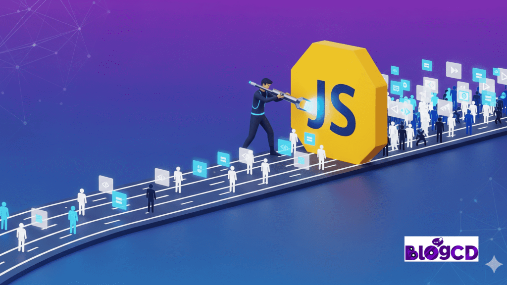A digital representation of a developer working on JavaScript with various coding elements and icons along a road leading to a large JavaScript logo.