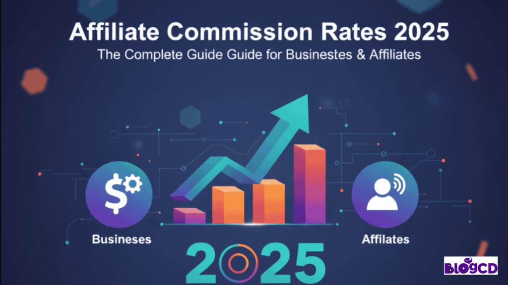An infographic detailing affiliate commission rates for businesses and affiliates in 2025, featuring a growth chart and key terms.