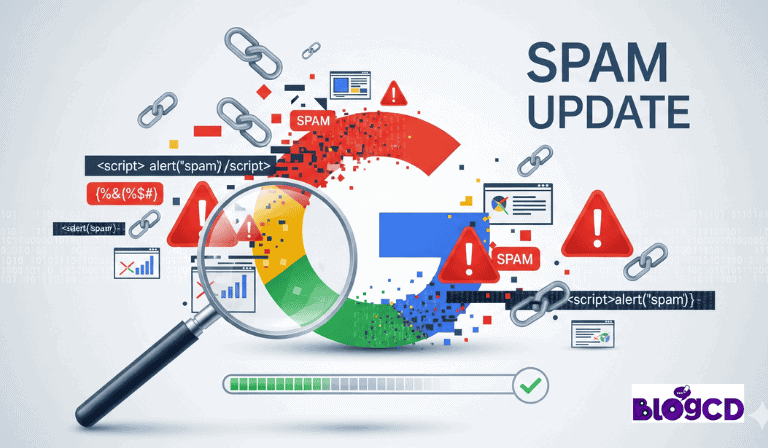A visual representation highlighting Google’s spam update, featuring elements like warning symbols, spam notifications, and graphical data trends, with a magnifying glass at the center.